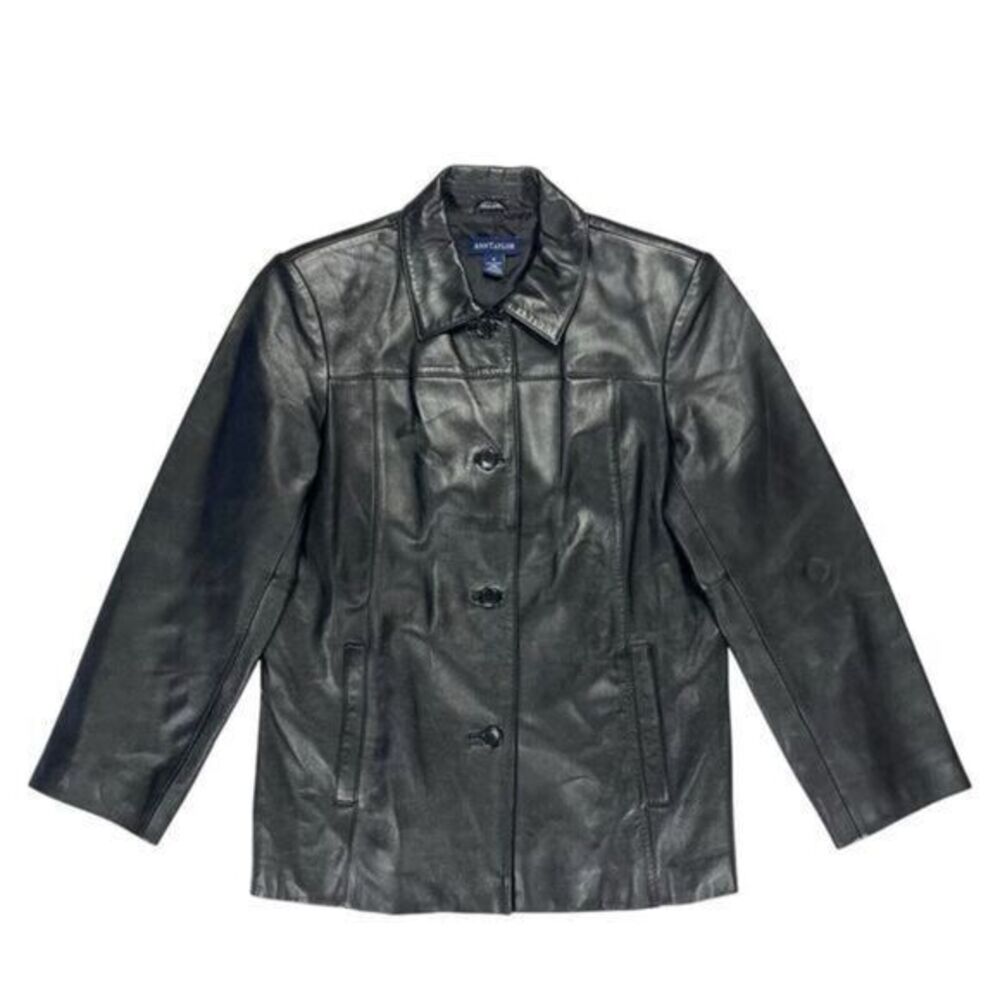 Ann Taylor Leather Jacket Women Small Black Leather ButtonUp Classic Jacket